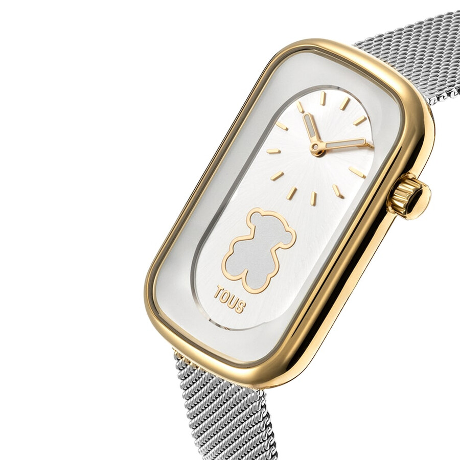 zweifarbige analoge armbanduhr mit bärensilhouette und stahlarmband t-band club