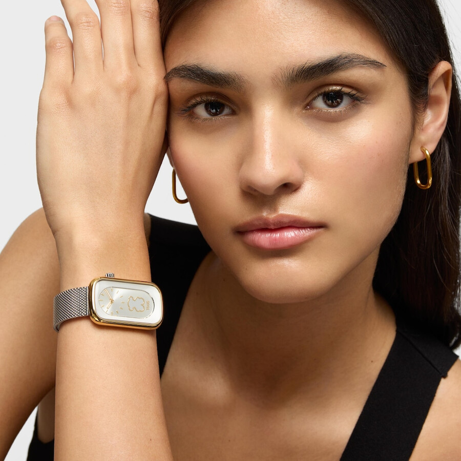 zweifarbige analoge armbanduhr mit bärensilhouette und stahlarmband t-band club