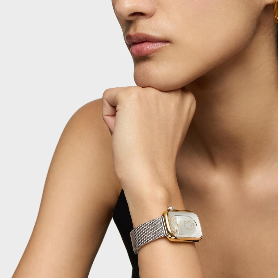 zweifarbige analoge armbanduhr mit bärensilhouette und stahlarmband t-band club