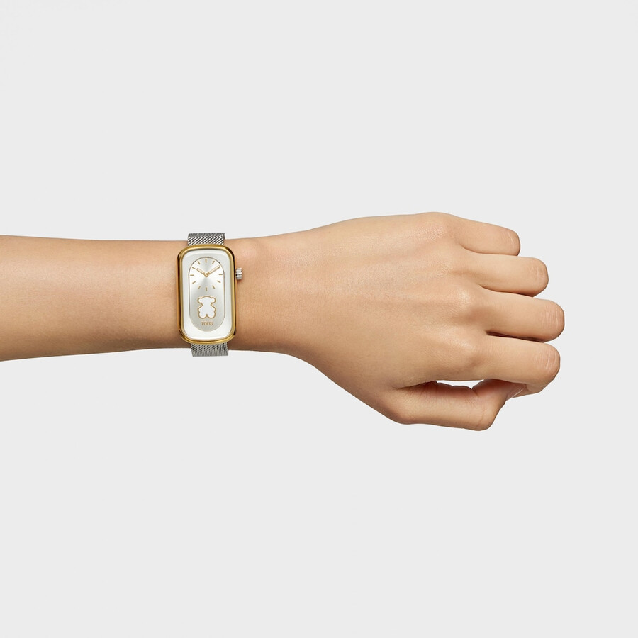 zweifarbige analoge armbanduhr mit bärensilhouette und stahlarmband t-band club