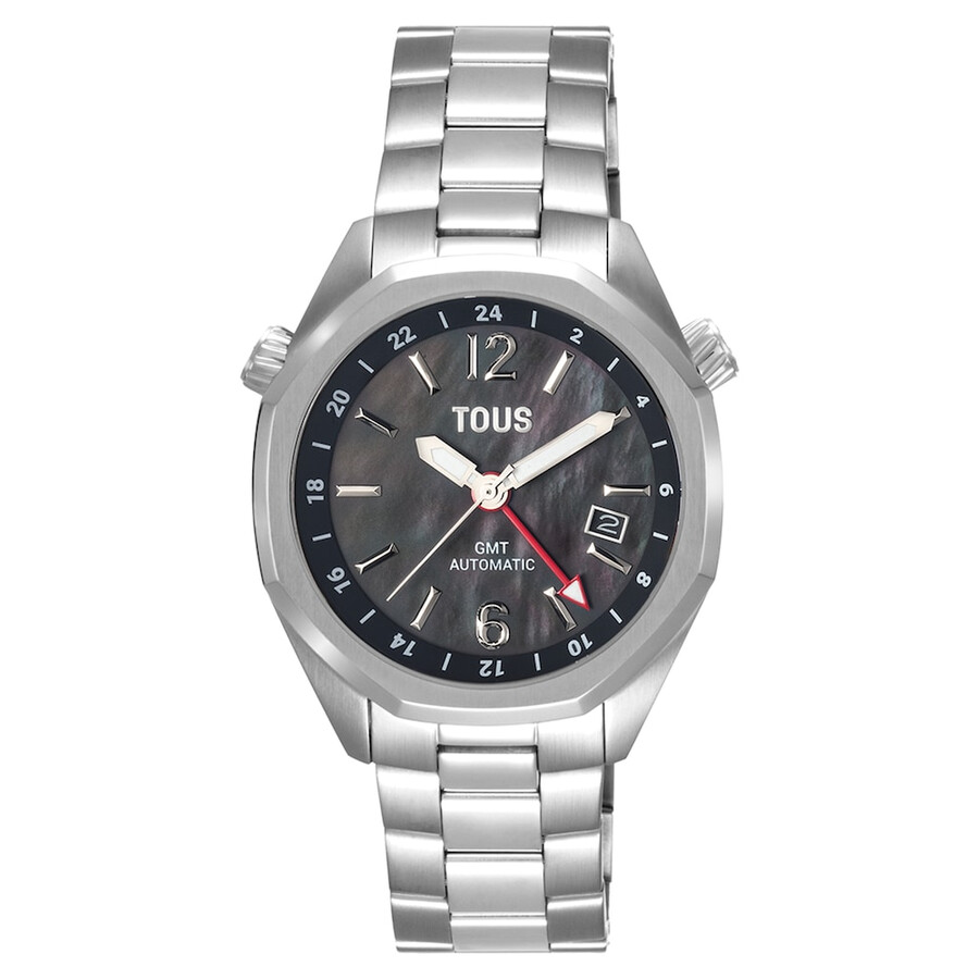 automatische gmt-uhr mit grauem perlmuttzifferblatt und edelstahlarmband von tous now