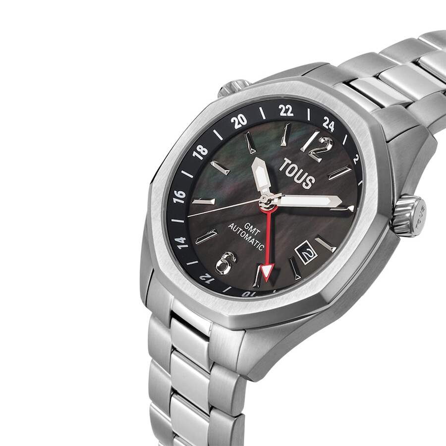 automatische gmt-uhr mit grauem perlmuttzifferblatt und edelstahlarmband von tous now