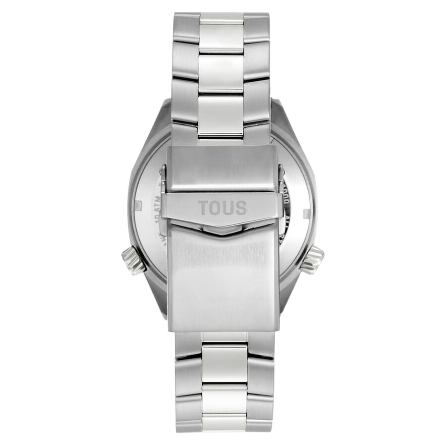 automatische gmt-uhr mit grauem perlmuttzifferblatt und edelstahlarmband von tous now
