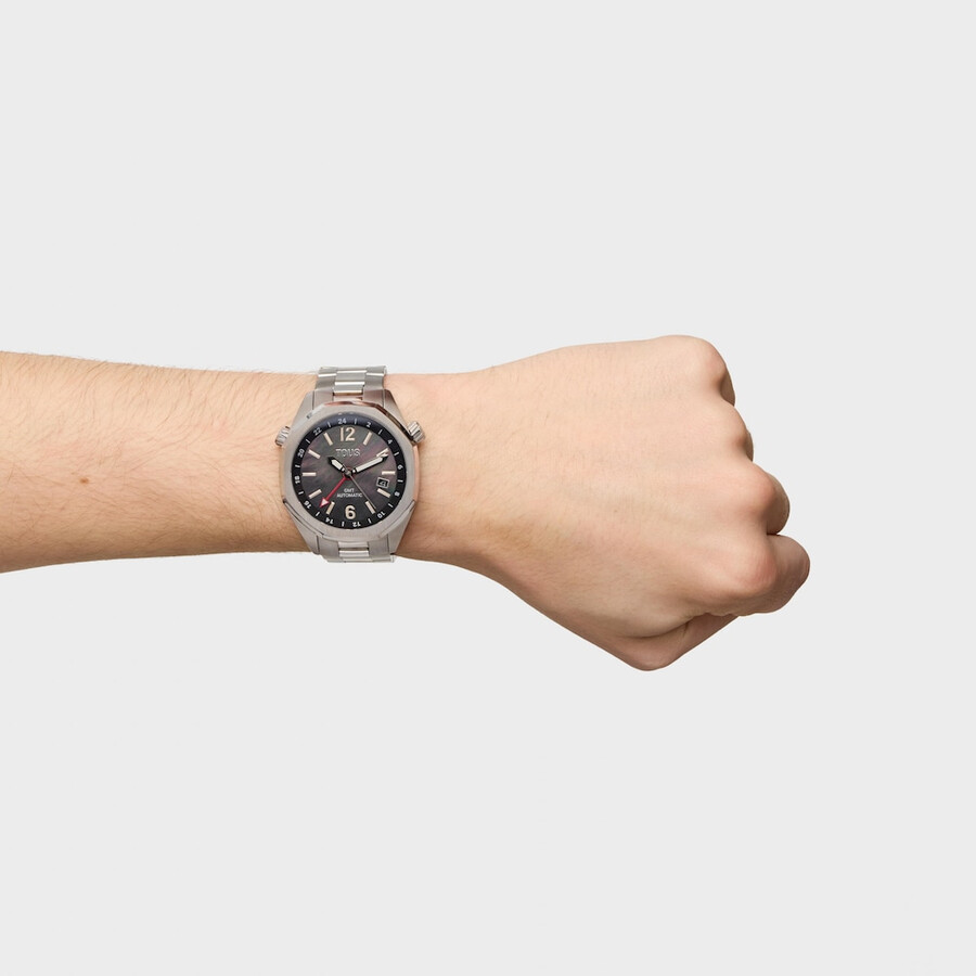 automatische gmt-uhr mit grauem perlmuttzifferblatt und edelstahlarmband von tous now