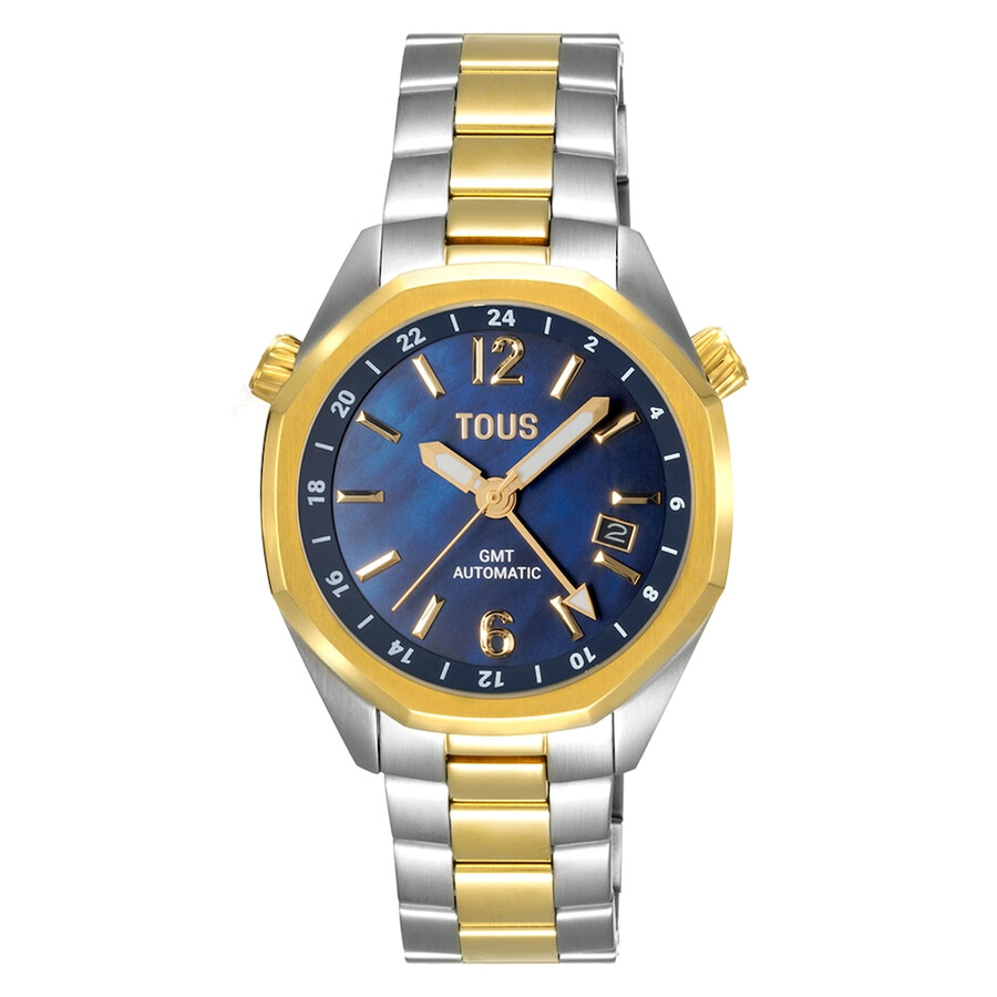 automatische gmt-uhr mit blauem perlmuttzifferblatt und zweifarbigem stahlarmband. tous now