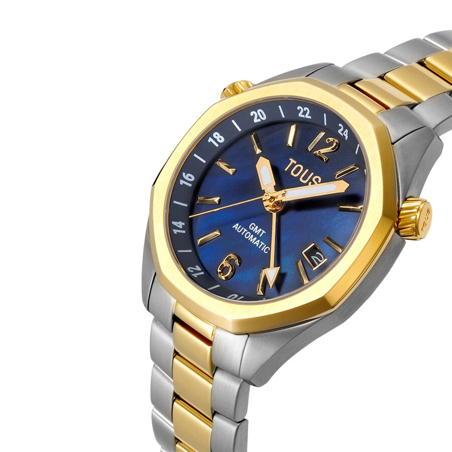automatische gmt-uhr mit blauem perlmuttzifferblatt und zweifarbigem stahlarmband. tous now