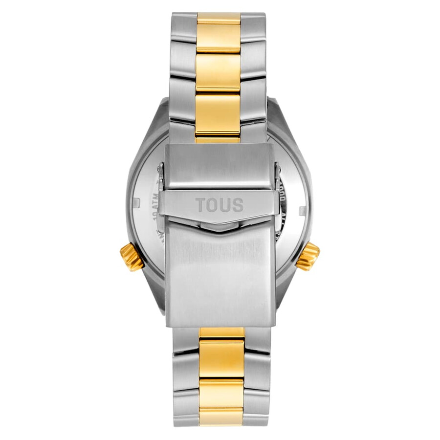automatische gmt-uhr mit blauem perlmuttzifferblatt und zweifarbigem stahlarmband. tous now