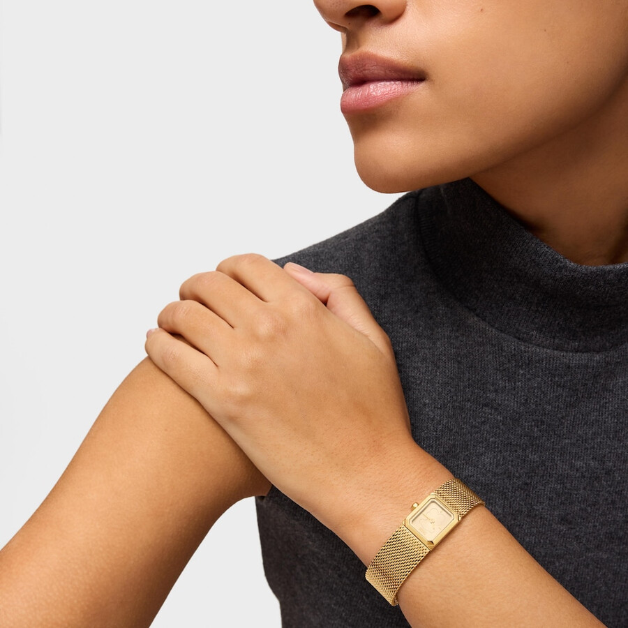 analoge armbanduhr mit goldfarbenem milanaise-armband aus edelstahl mini mesh
