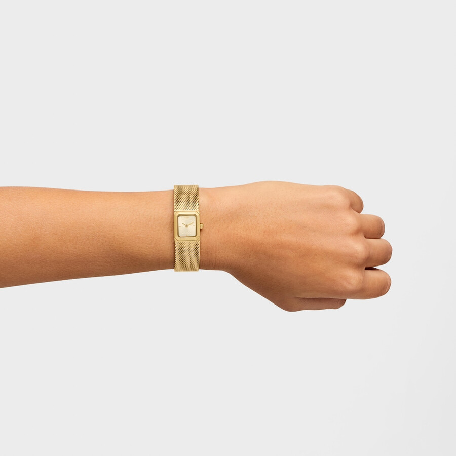 analoge armbanduhr mit goldfarbenem milanaise-armband aus edelstahl mini mesh