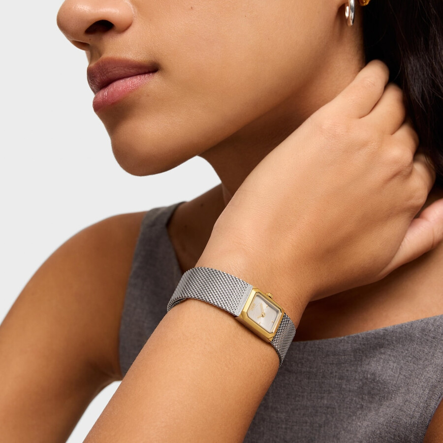 analoge uhr mit milanaise-armband aus edelstahl und goldfarbenem mini-mesh-armband aus edelstahl.