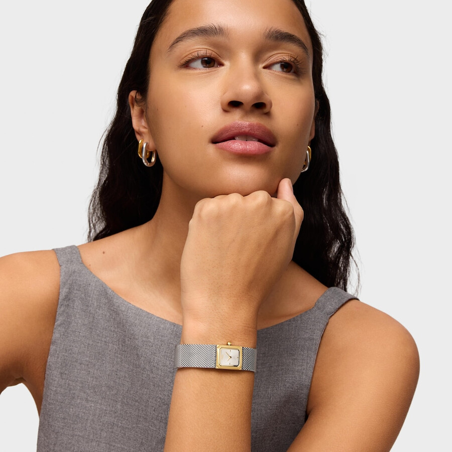analoge uhr mit milanaise-armband aus edelstahl und goldfarbenem mini-mesh-armband aus edelstahl.