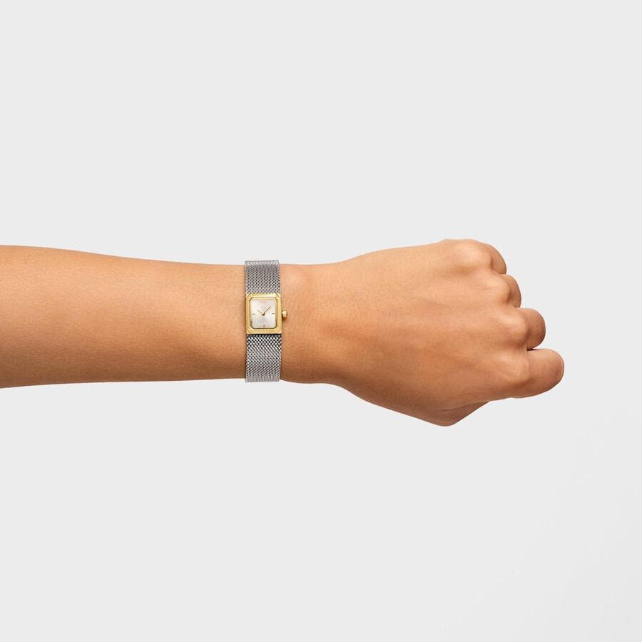analoge uhr mit milanaise-armband aus edelstahl und goldfarbenem mini-mesh-armband aus edelstahl.