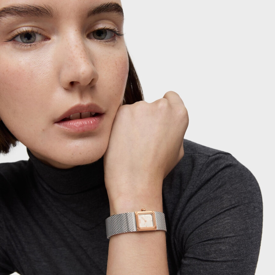 analoge uhr mit milanaise-armband aus edelstahl und roségoldenem mini-mesh-armband aus edelstahl.