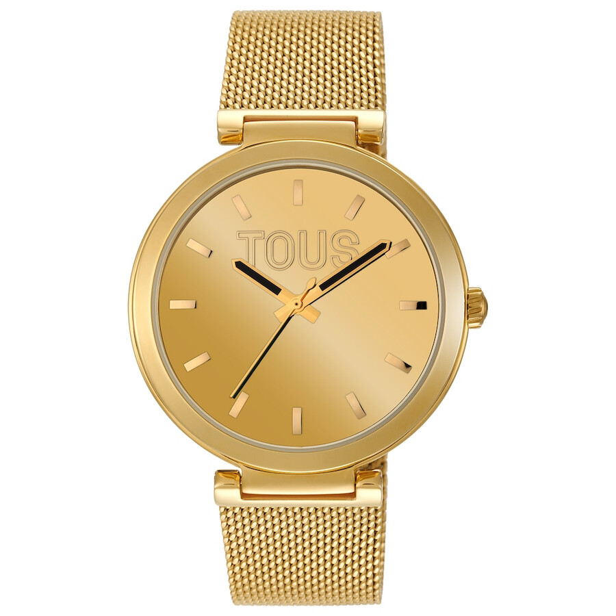 analoge uhr mit goldfarbenem zifferblatt und armband aus s-mesh-gewebe