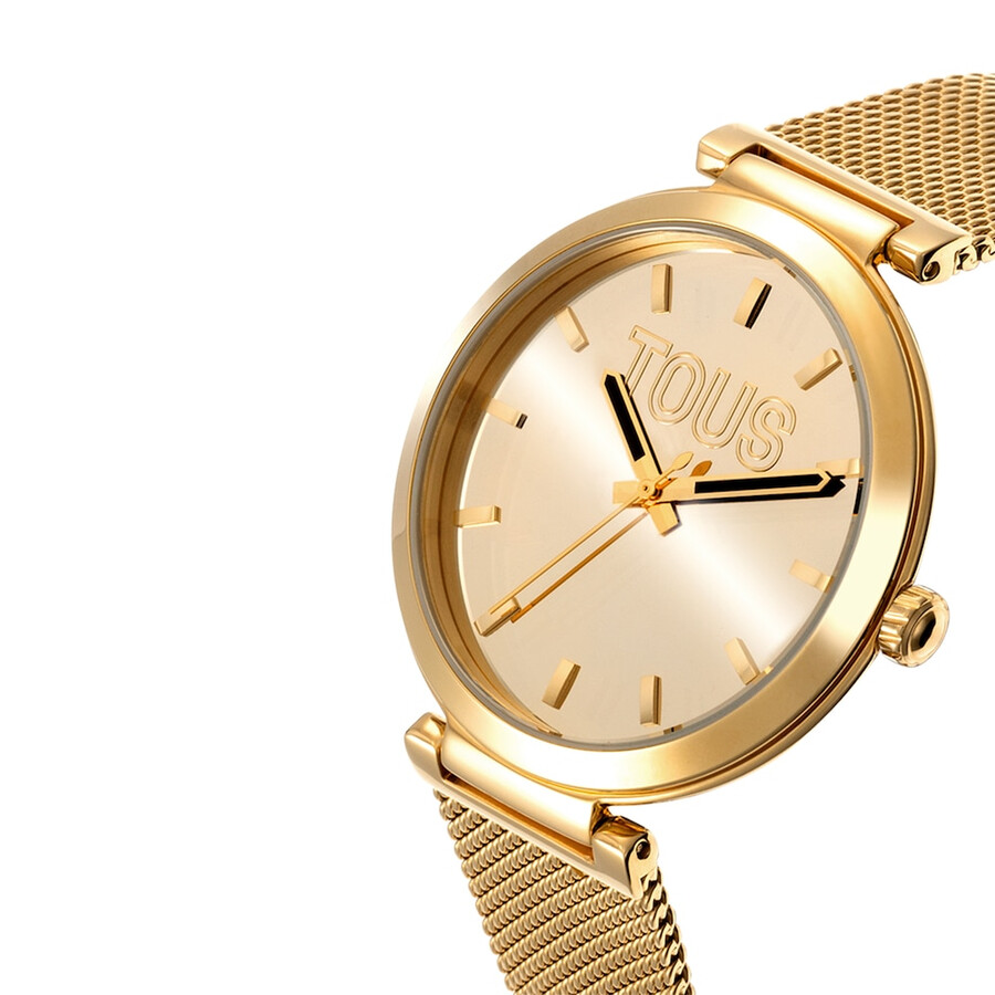 analoge uhr mit goldfarbenem zifferblatt und armband aus s-mesh-gewebe