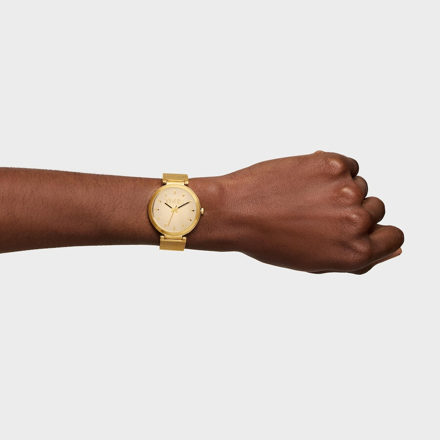 analoge uhr mit goldfarbenem zifferblatt und armband aus s-mesh-gewebe