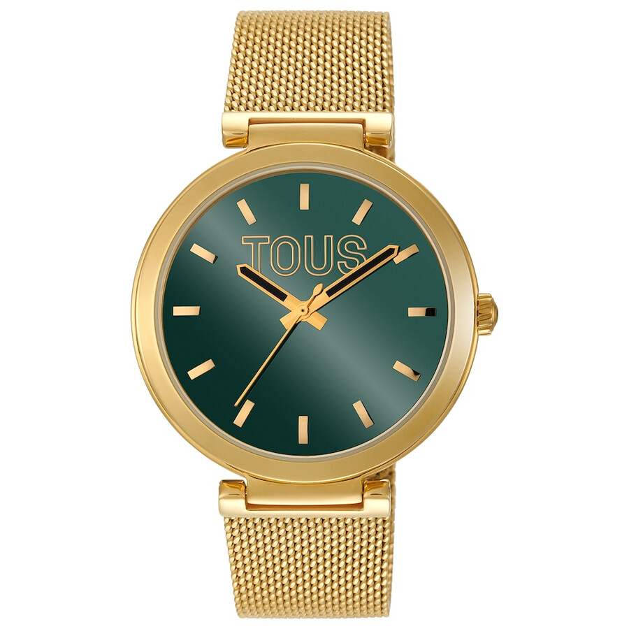 analoge uhr mit grünem zifferblatt und goldfarbenem armband s-mesh-spiegel