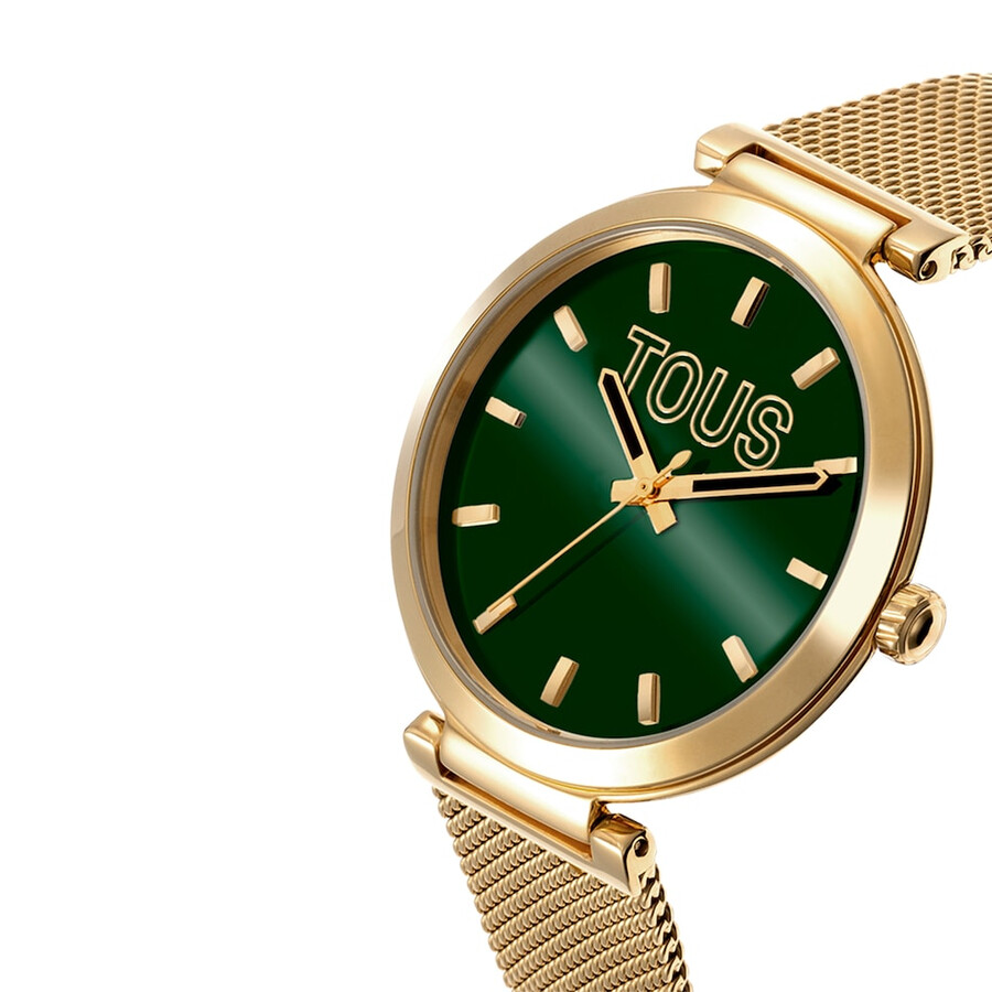 analoge uhr mit grünem zifferblatt und goldfarbenem armband s-mesh-spiegel