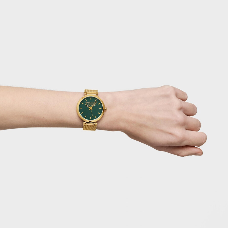 analoge uhr mit grünem zifferblatt und goldfarbenem armband s-mesh-spiegel