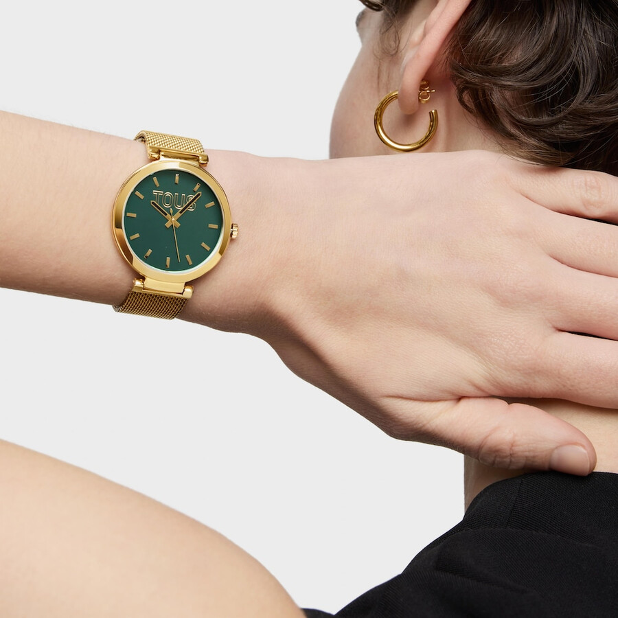 analoge uhr mit grünem zifferblatt und goldfarbenem armband s-mesh-spiegel
