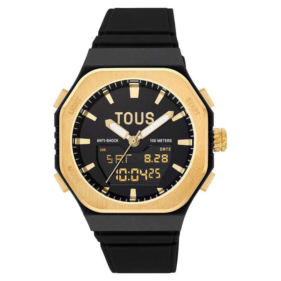 goldfarbene analogedigitale armbanduhr aus stahl und schwarzes nylonarmband