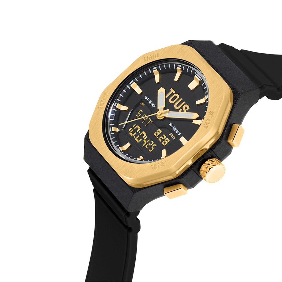 goldfarbene analogedigitale armbanduhr aus stahl und schwarzes nylonarmband