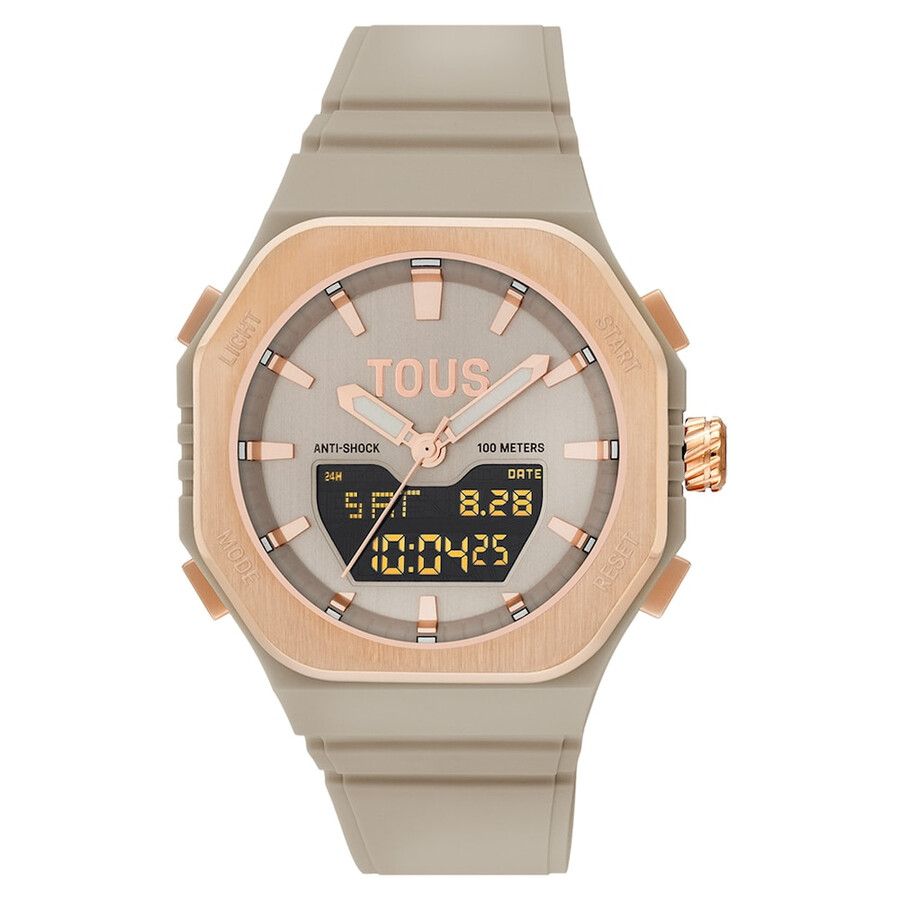rosafarbene analogedigitale uhr aus stahl und taupefarbenes nylonarmband.