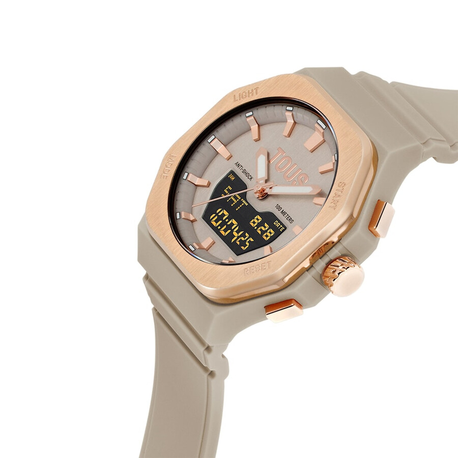 rosafarbene analogedigitale uhr aus stahl und taupefarbenes nylonarmband.