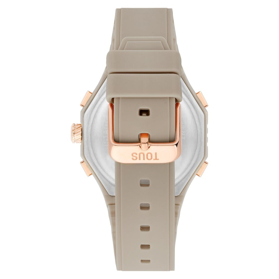rosafarbene analogedigitale uhr aus stahl und taupefarbenes nylonarmband.