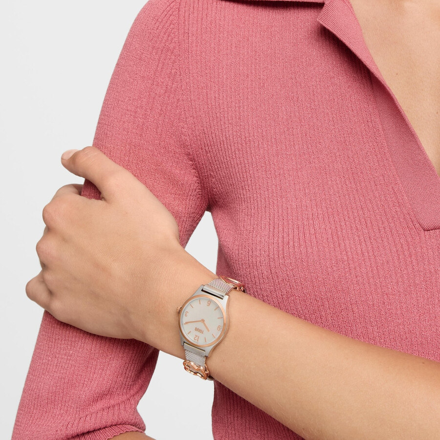 analogdigitale armbanduhr mit edelstahlarmband roségoldfarbenem edelstahl und perlmuttzifferblatt modell epic icon mesh