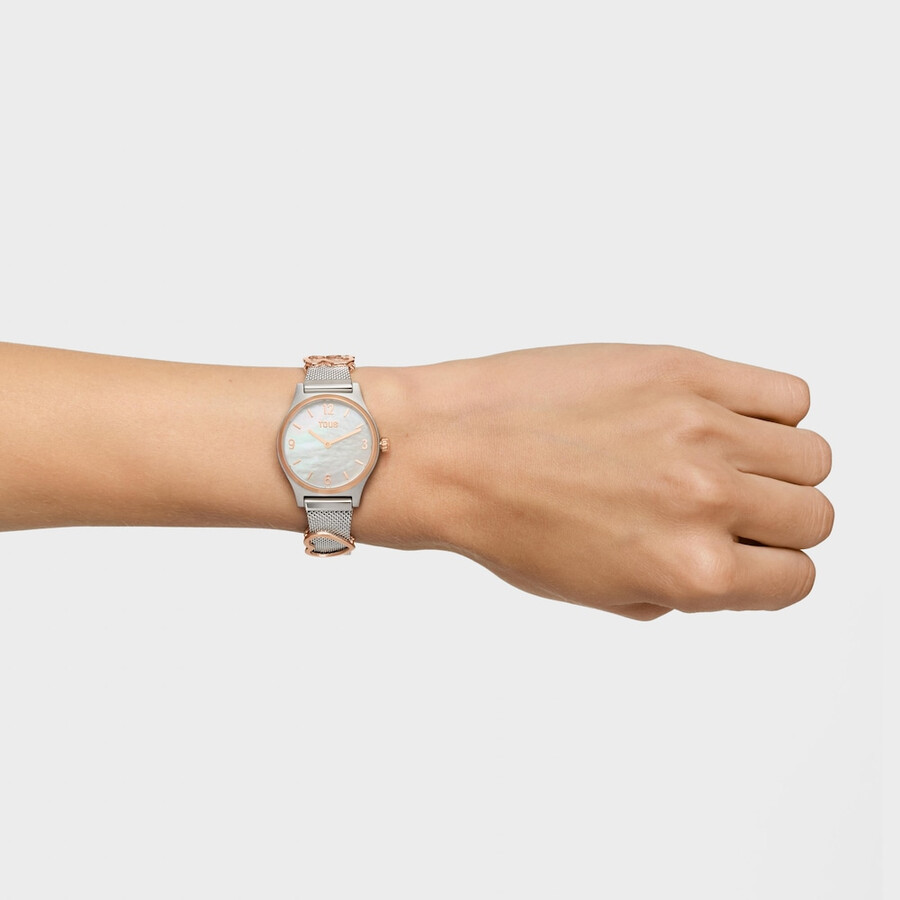 analogdigitale armbanduhr mit edelstahlarmband roségoldfarbenem edelstahl und perlmuttzifferblatt modell epic icon mesh