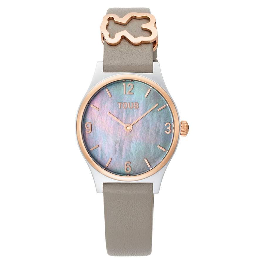analoge uhr mit grauem lederarmband roségoldenem stahlgehäuse und perlmuttzifferblatt epic icon