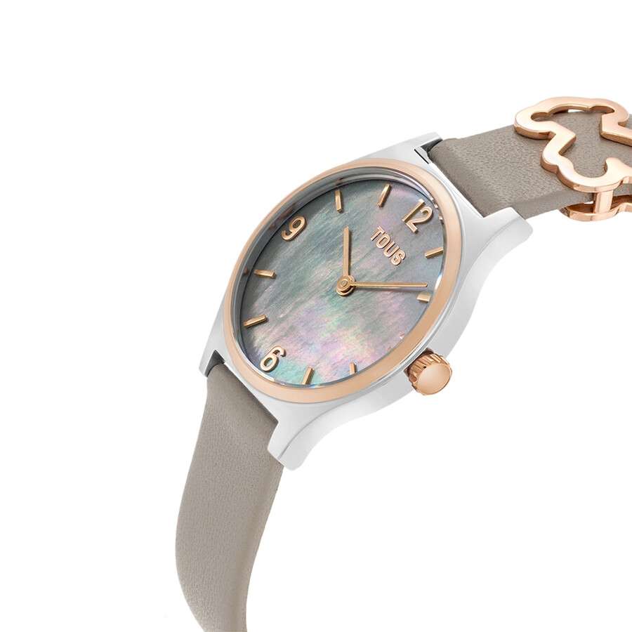analoge uhr mit grauem lederarmband roségoldenem stahlgehäuse und perlmuttzifferblatt epic icon