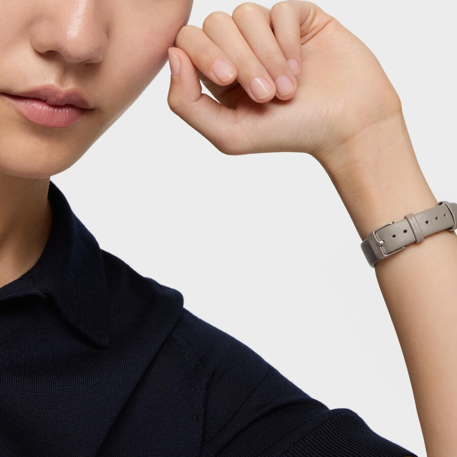 analoge uhr mit grauem lederarmband roségoldenem stahlgehäuse und perlmuttzifferblatt epic icon