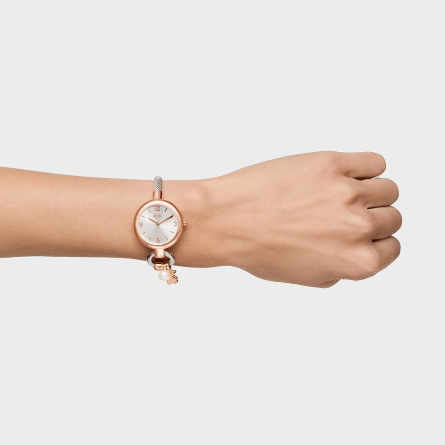 analog-digitaluhr mit armband aus stahl und roségoldenem stahl tous hold charms