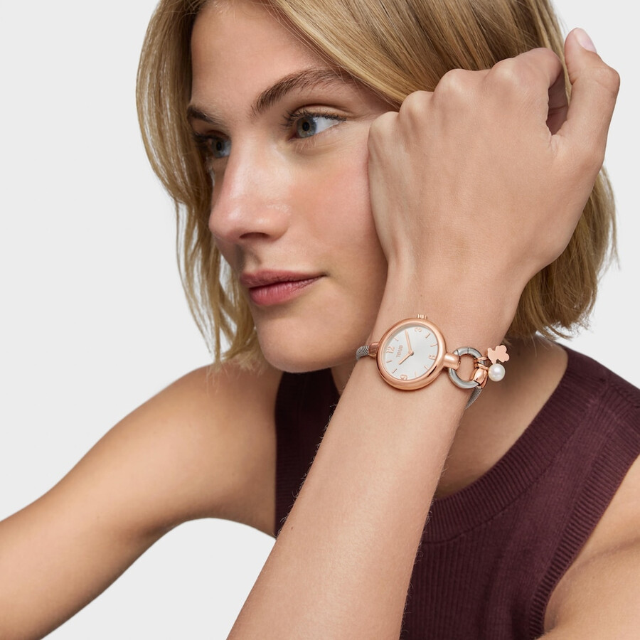 analog-digitaluhr mit armband aus stahl und roségoldenem stahl tous hold charms