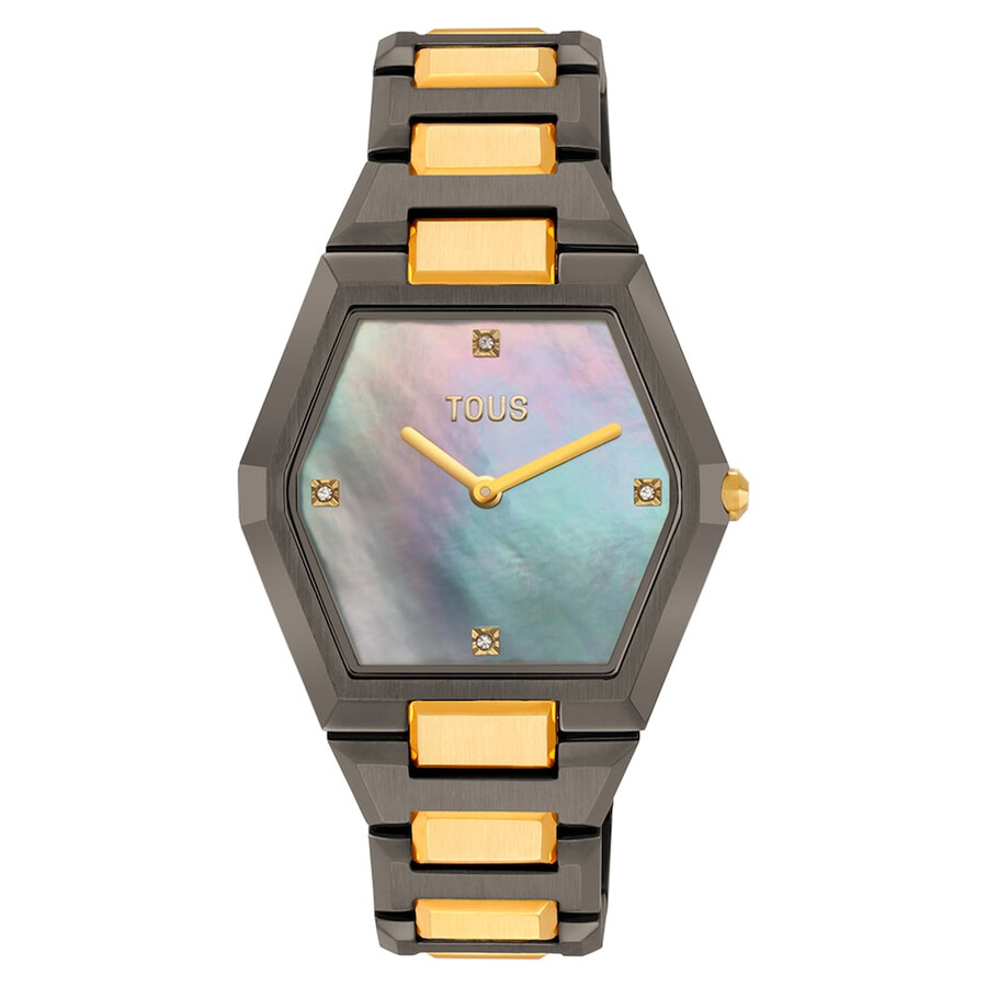 analoge uhr mit schwarzem und goldfarbenem stahlarmband und grauem perlmuttzifferblatt karat