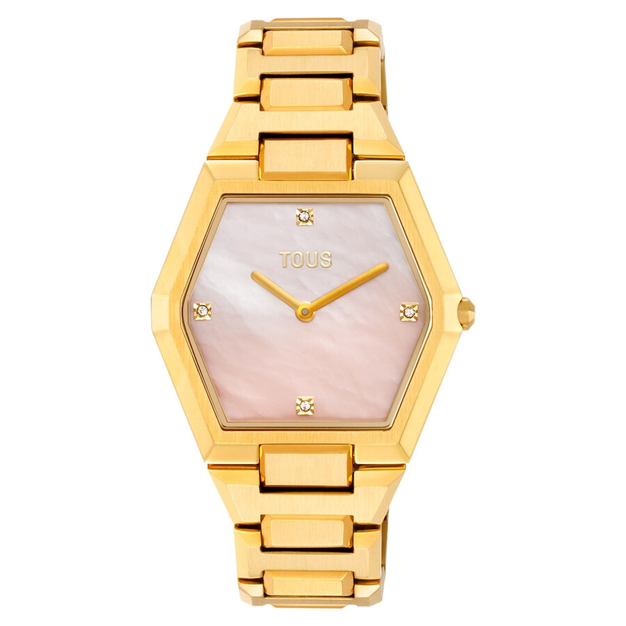 analoge uhr mit goldfarbenem stahlarmband und rosafarbenem perlmuttzifferblatt karat