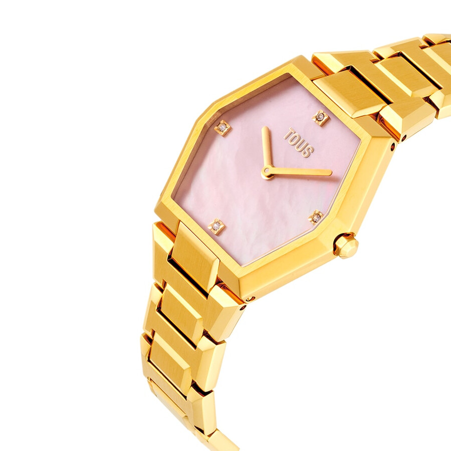 analoge uhr mit goldfarbenem stahlarmband und rosafarbenem perlmuttzifferblatt karat