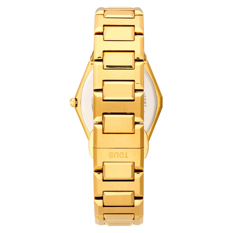 analoge uhr mit goldfarbenem stahlarmband und rosafarbenem perlmuttzifferblatt karat