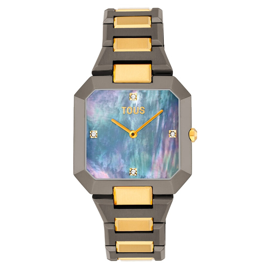 analoge uhr mit schwarzem und goldfarbenem stahlarmband und grauem perlmuttzifferblatt karat