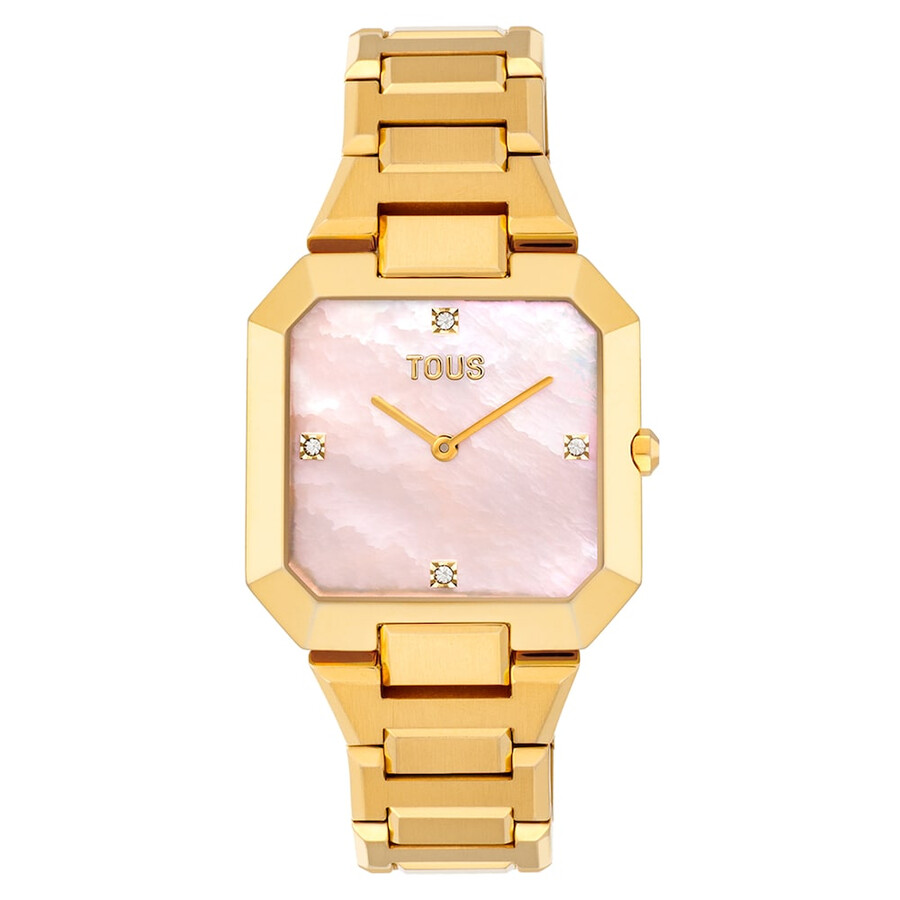 analoge uhr mit goldfarbenem stahlarmband und rosafarbenem perlmuttzifferblatt karat