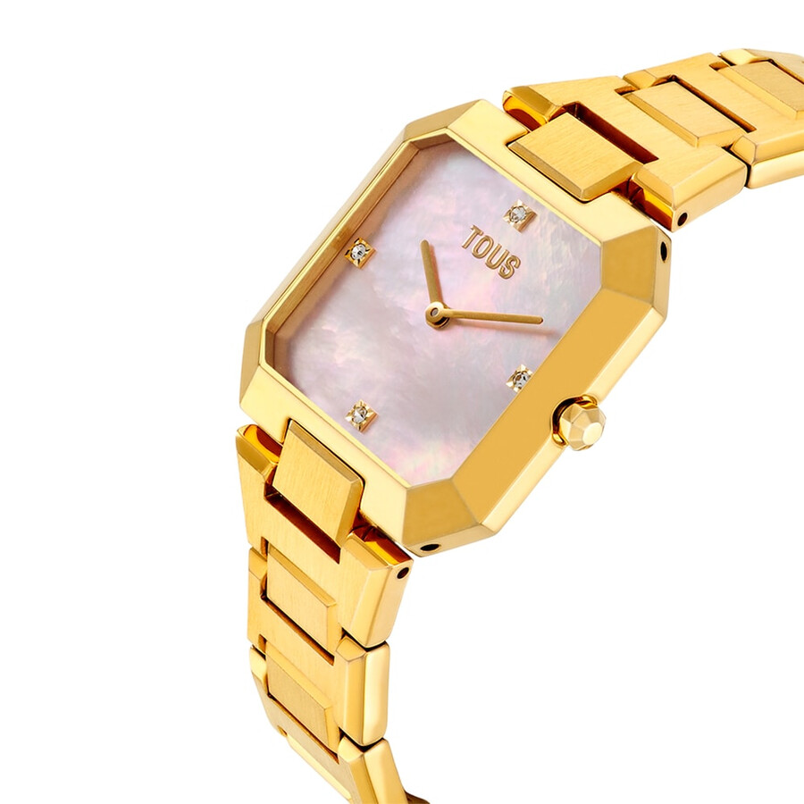 analoge uhr mit goldfarbenem stahlarmband und rosafarbenem perlmuttzifferblatt karat