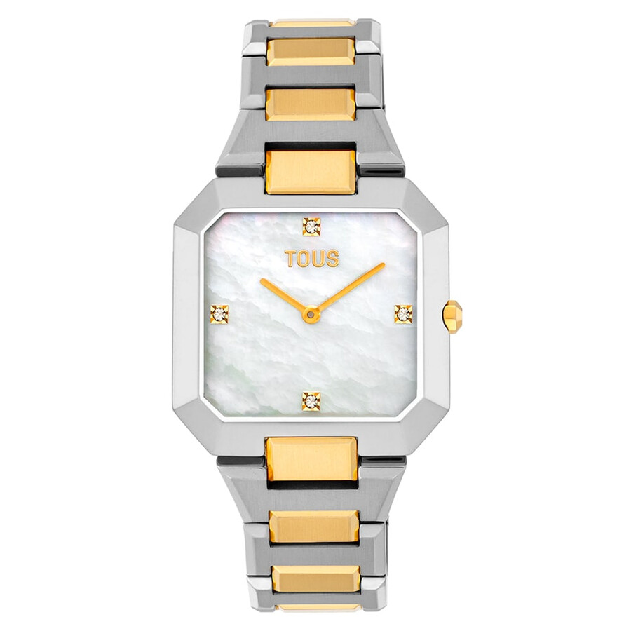 analoge uhr mit stahl- und goldfarbenem stahlarmband und perlmuttzifferblatt karat