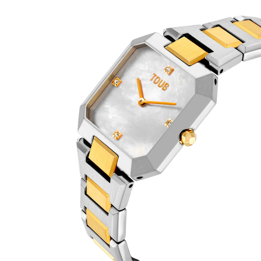analoge uhr mit stahl- und goldfarbenem stahlarmband und perlmuttzifferblatt karat