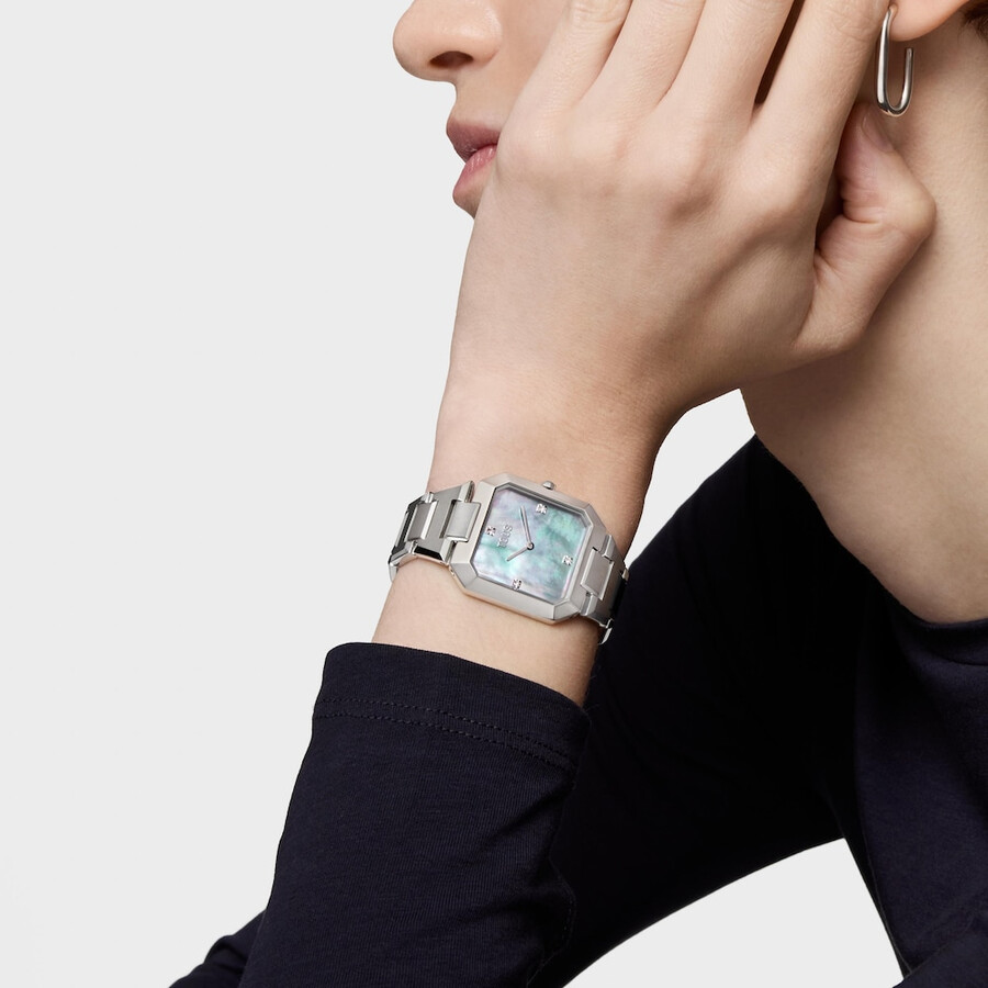 analoge uhr mit stahlarmband und perlmuttzifferblatt karat