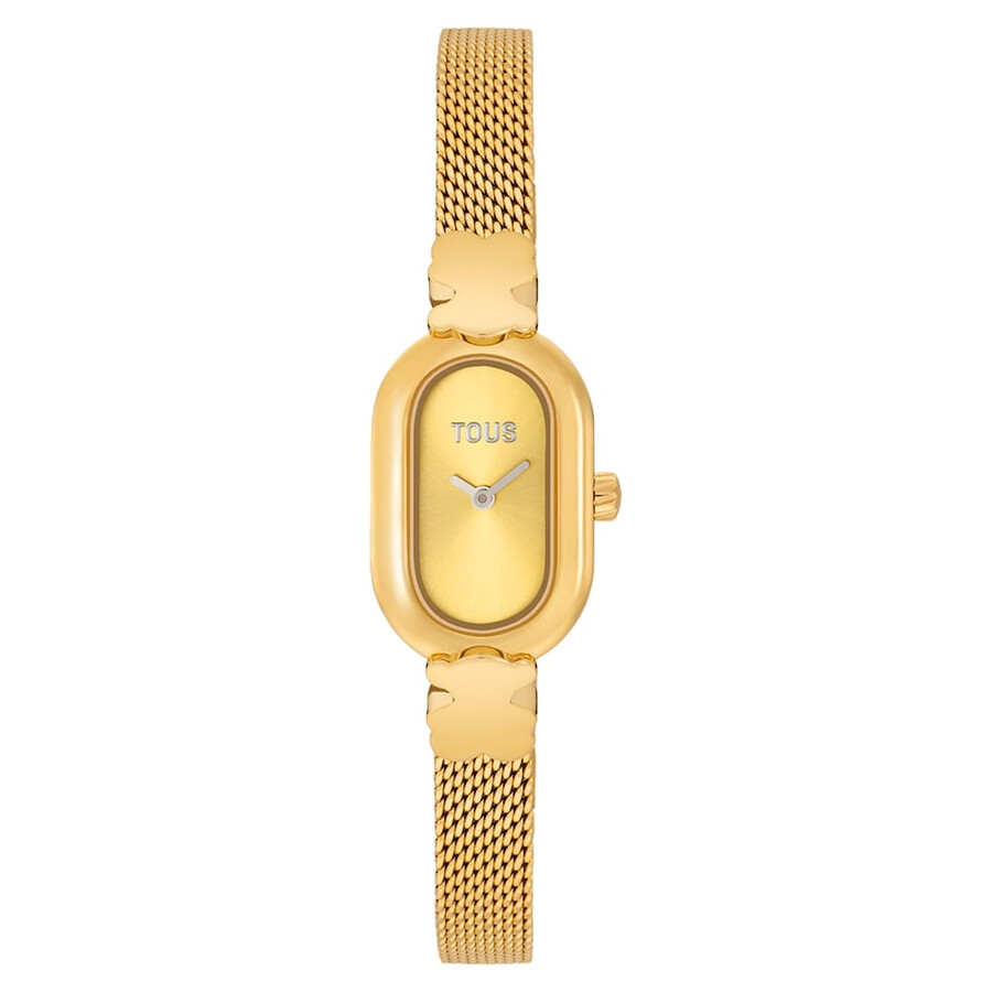 schmuckbesetzte analoge armbanduhr mit goldfarbenem stahlarmband ovales symbol