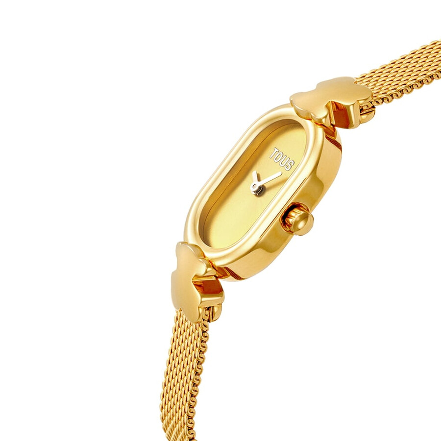 schmuckbesetzte analoge armbanduhr mit goldfarbenem stahlarmband ovales symbol