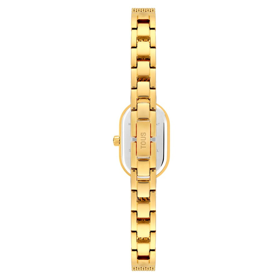 schmuckbesetzte analoge armbanduhr mit goldfarbenem stahlarmband ovales symbol