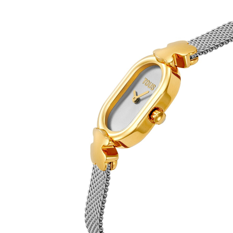 schmuckbesetzte analoge armbanduhr mit armband aus edelstahl und goldfarbenem edelstahl ovales symbol